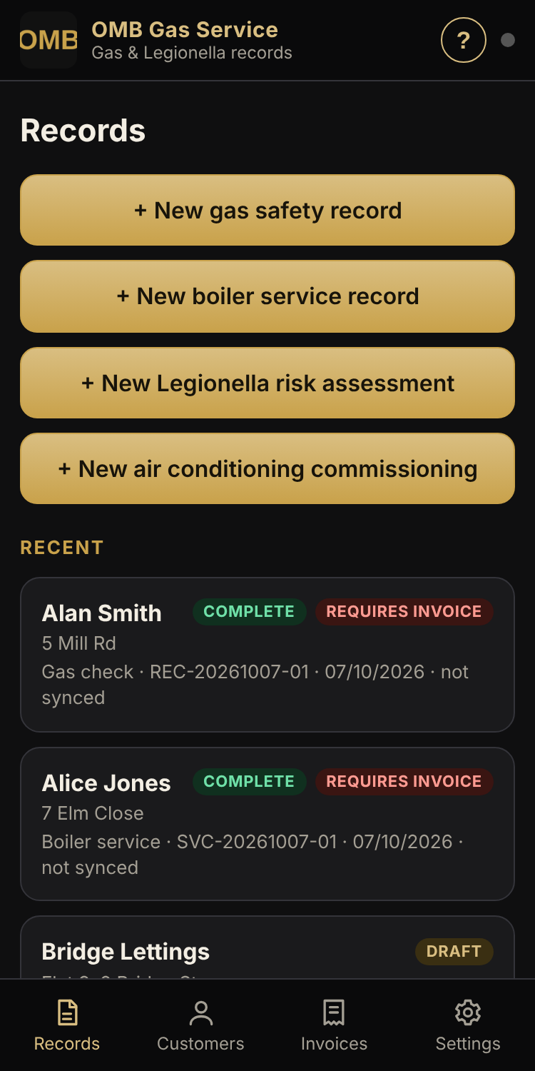 The records screen with buttons to start each type of form