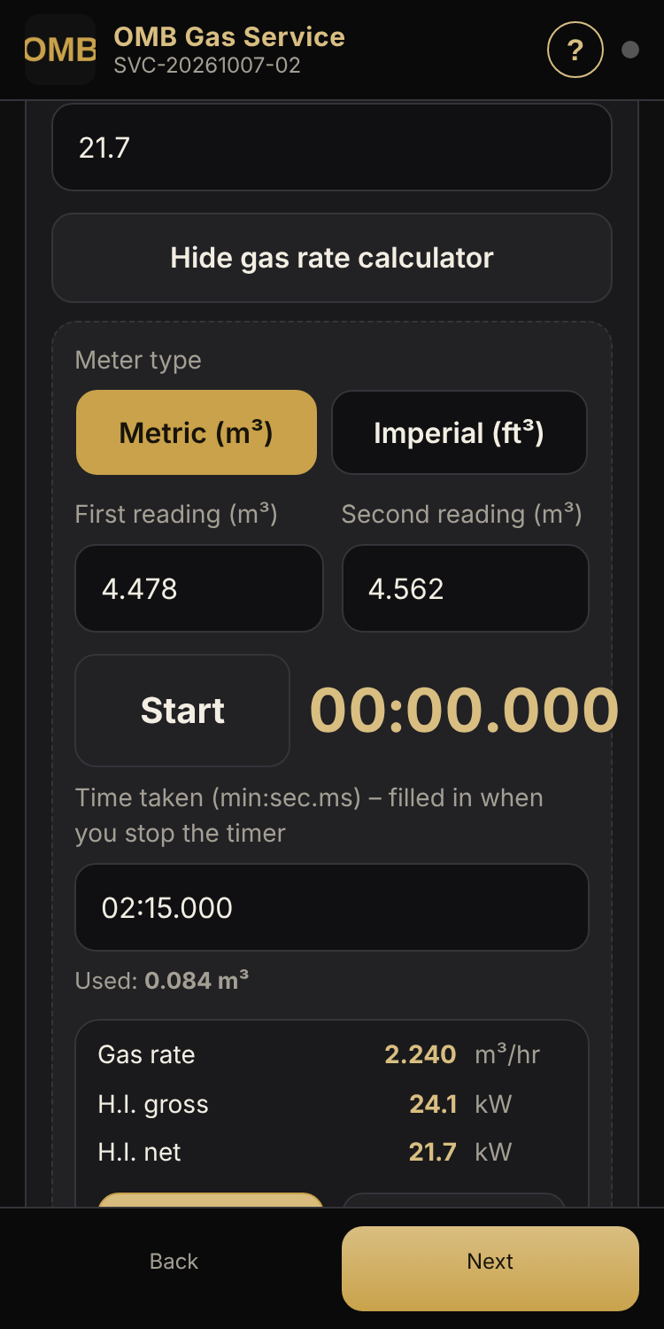 The gas rate calculator showing gross and net heat input